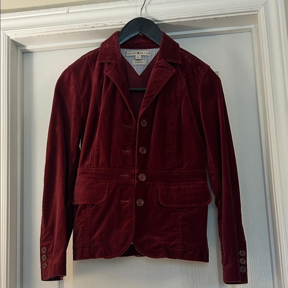 Y2K 2006 Tommy Hilfiger 97% Cotton Flat Velvet Burgundy Blazer